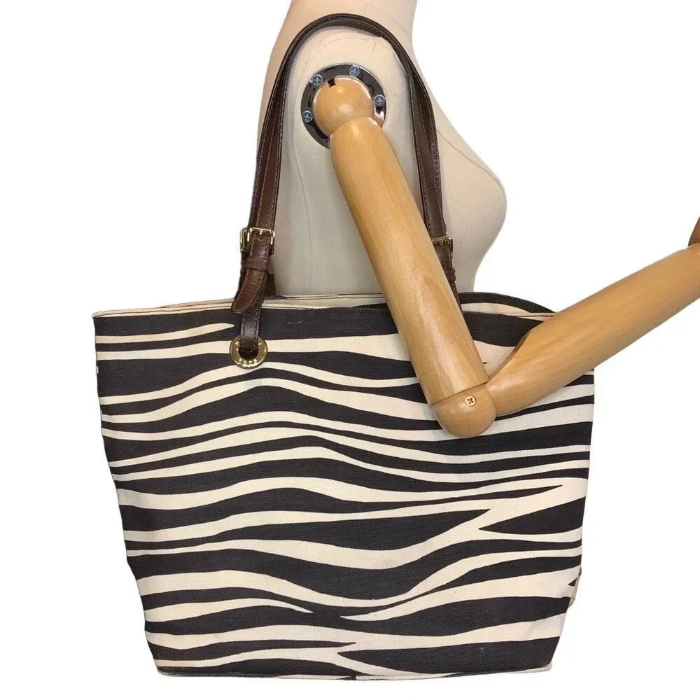 MICHAEL KORS Black Ivory Zebra Striped Shoulder Bag with Brown Leather Handles - Picture 2 of 16